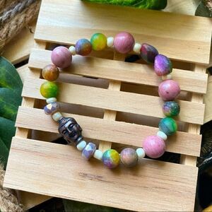 Buddha Mixed Genuine Gemstone Stretch Bracelet